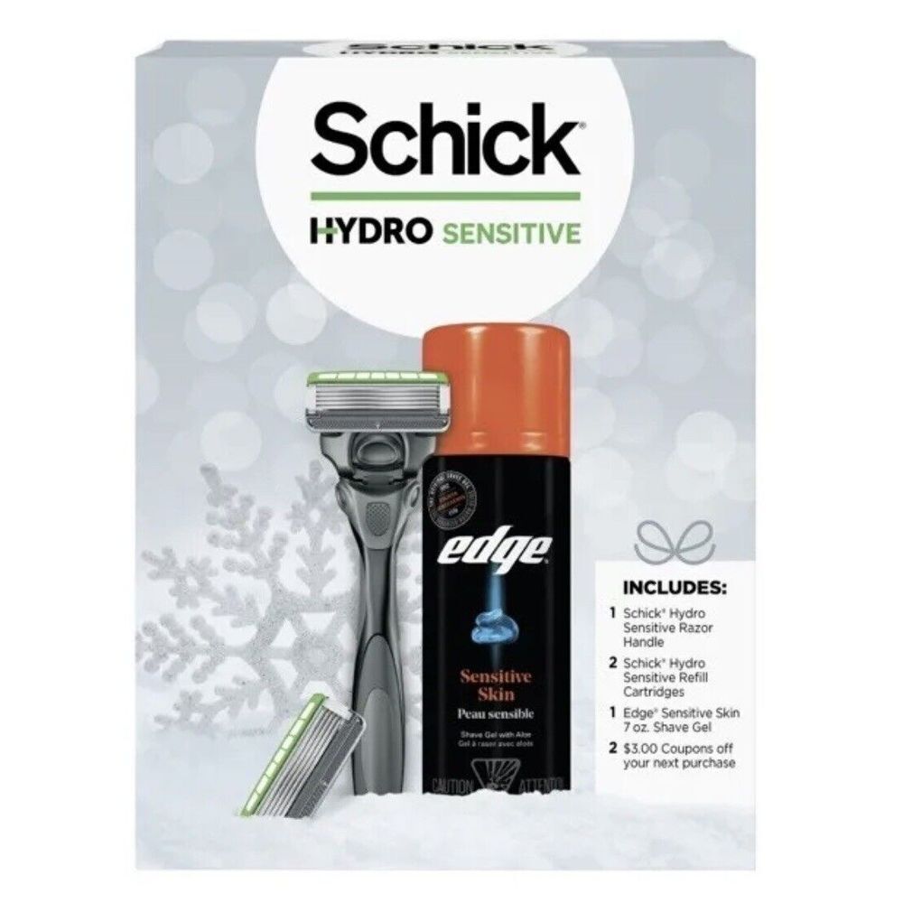 Schick Hydro Sensitive Shave Mens Gift Set-Razor Handle, Refill Cartridges,Gel